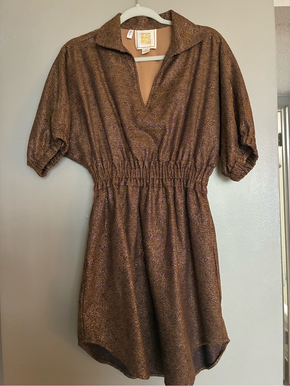Metallic Brown Elastic-Waist Mini Dress